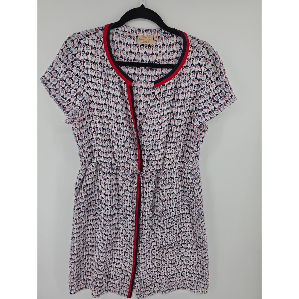 Rungolee Womens Geometric Print Short Sleeve Drawstring Waist Dress Red Blue M